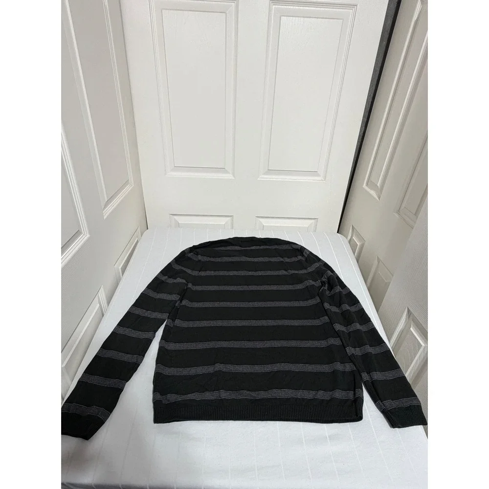 Banana Republic Mens V-Neck Sweater Black Grey Striped Cotton Cashmere Large L